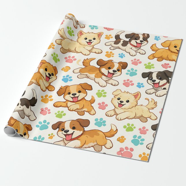 Adorable Puppy Watercolor Pattern (3) Wrapping Paper (Unrolled)