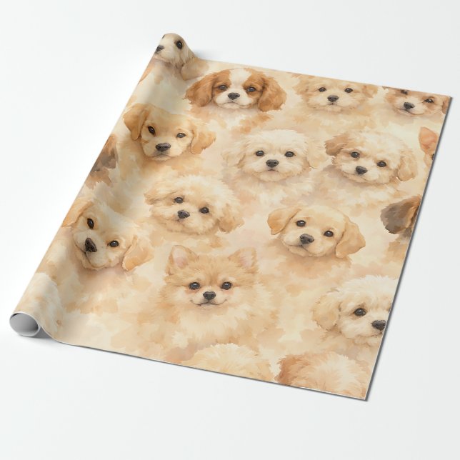 Adorable Puppy Watercolor Pattern (4) Wrapping Paper (Unrolled)
