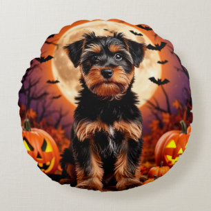 Adorable Puppy with Halloween Background Round Pillow