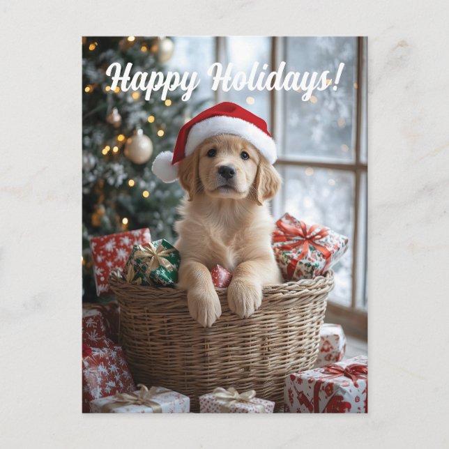 Adorable Puppy with Santa Hat in Basket  Holiday Postcard (Front)