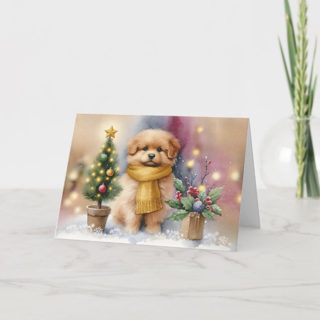 Adorable Puppy with Yellow Scarf & Christmas Tree Card (Front)