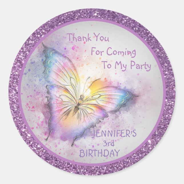 Adorable Purple  Butterfly Thank You Girl Birthday Classic Round Sticker (Front)