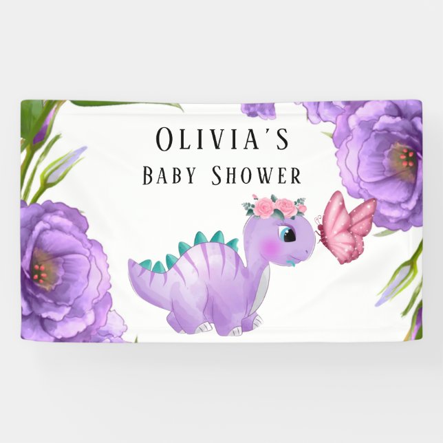 Adorable Purple Dinosaur Floral Baby Shower Banner (Horizontal)