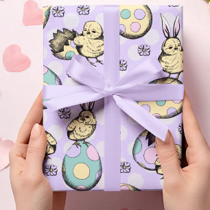 Adorable Purple Easter Chicks & Bunny Ears Wrapping Paper