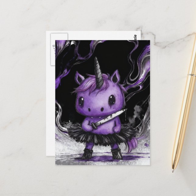 Adorable Purple Unicorn in Tutu With Knife Postcard (Front/Back In Situ)