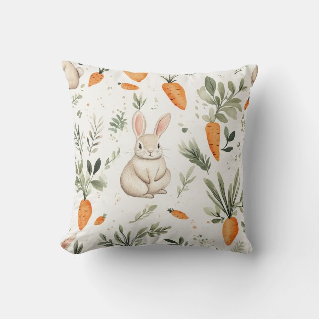 Adorable Rabbit and Carrot Fabric 3 Throw Pillow (Front)