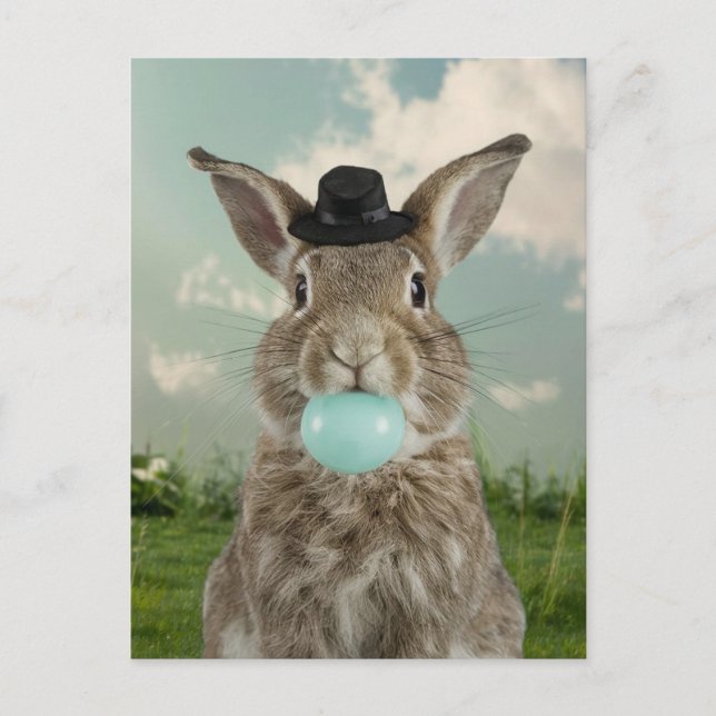 Adorable Rabbit in hat Chewing Blue Bubble Gum Postcard (Front)