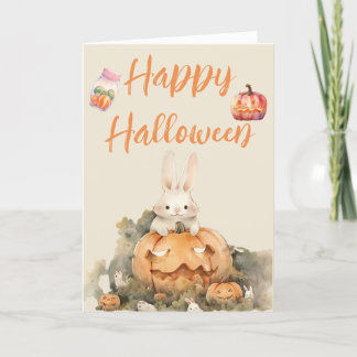 Adorable Rabbit in Pumpkin Patch Halloween Holiday Card
