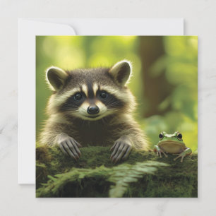 Adorable Raccoon and Frog Peeking Over Mossy Log i