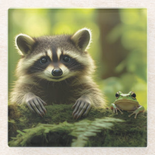 Adorable Raccoon and Frog Peeking Over Mossy Log i Glass Coaster