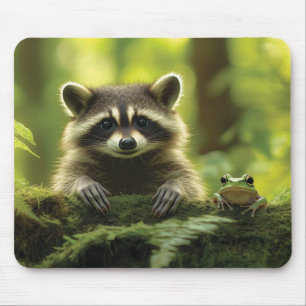 Adorable Raccoon and Frog Peeking Over Mossy Log i Mouse Pad