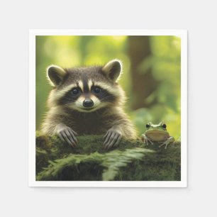 Adorable Raccoon and Frog Peeking Over Mossy Log i Napkin