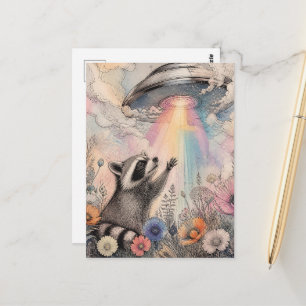 Adorable Raccoon and the UFO Postcard