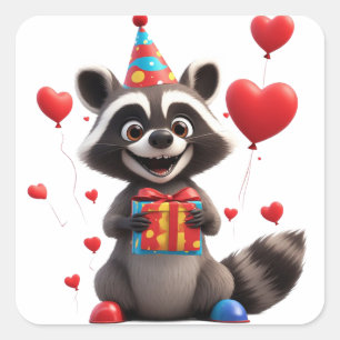 🦝 Adorable Raccoon Birthday Celebration Square Sticker
