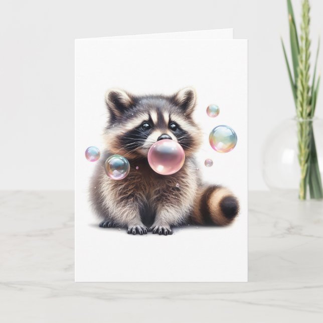 Adorable Raccoon Blowing Bubble Gum Blank Greeting Card (Front)