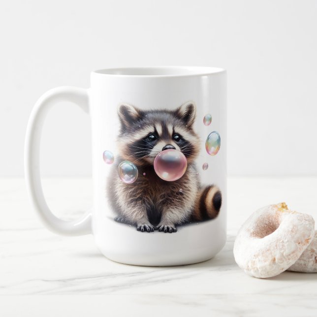 Adorable Raccoon Blowing Bubble Gum  Coffee Mug (With Donut)