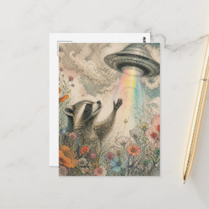 Adorable Raccoon in wildflowers and the UFO Postcard