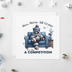 Adorable raccoon lounging on a cozy couch. holiday card