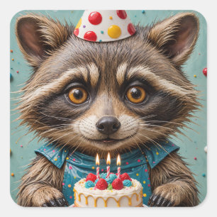 Adorable Raccoon With a Birthday Cake Square Sticker
