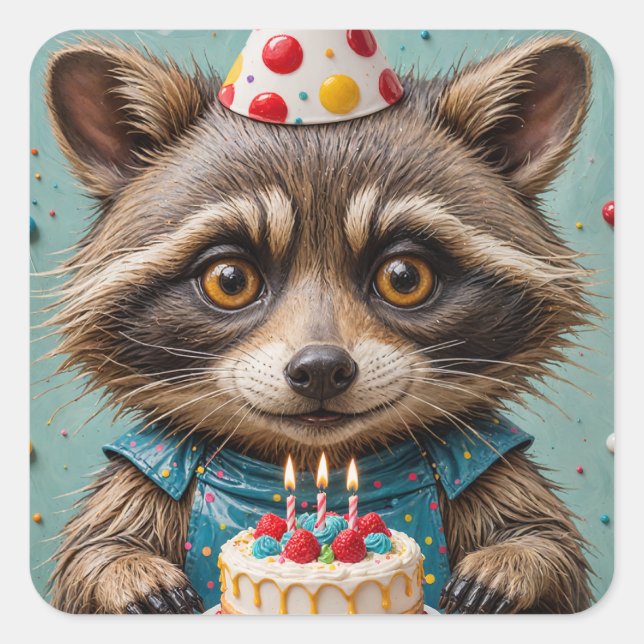 Adorable Raccoon With a Birthday Cake Square Sticker (Front)