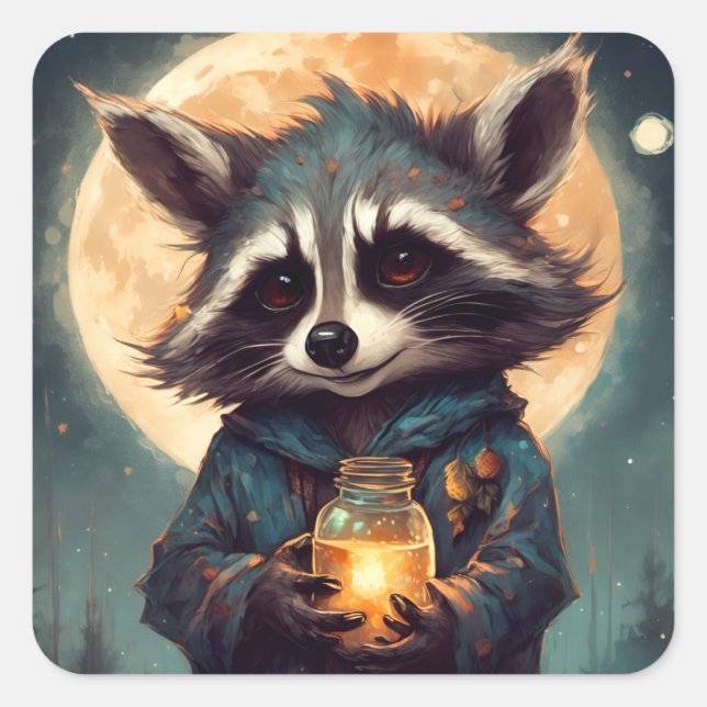 Adorable Raccoon With a Magic Potion Square Sticker (Front)