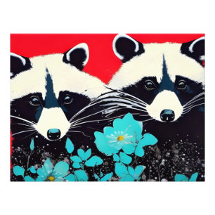 Adorable Raccoons With Blue Flowers Photo Print