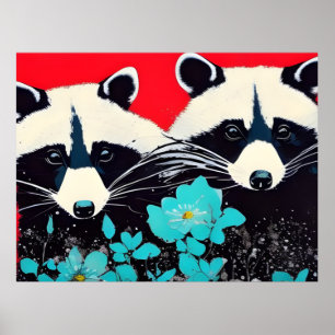 Adorable Raccoons With Blue Flowers Poster