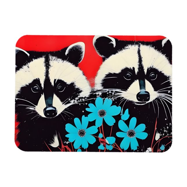 Adorable Raccoons With Blue Flowers Red Background Magnet (Horizontal)