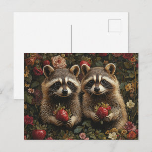 Adorable Raccoons With Strawberries Postcard
