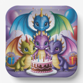 Adorable Rainbow Dragons Paper Plate