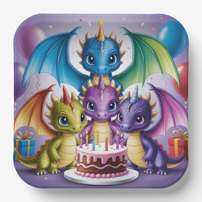 Adorable Rainbow Dragons Paper Plate (Front)