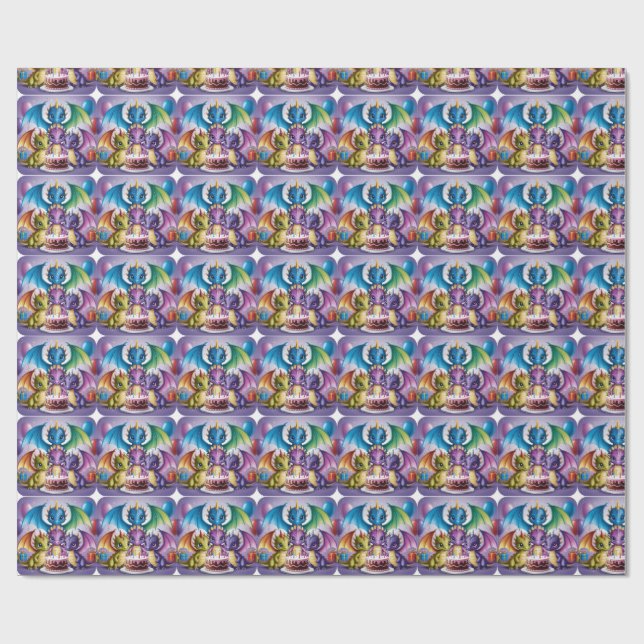 Adorable Rainbow Dragons Wrapping Paper (Flat)