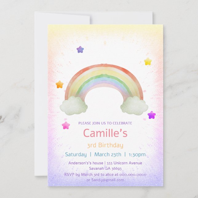 Adorable rainbow girl birthday  invitation (Front)