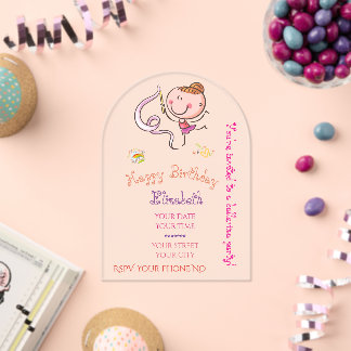 Adorable Rainbow Pink Stick Figure Ballerina Girl Acrylic Invitations