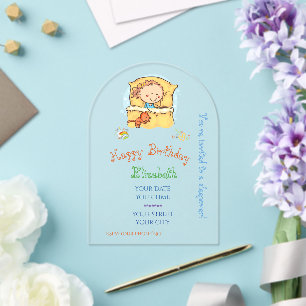 Adorable Rainbow Stick Figure Girl Sleeping Cat Acrylic Invitations