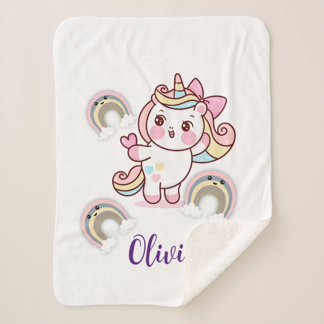 Adorable Rainbow Unicorn Customized Sherpa Blanket (Front)