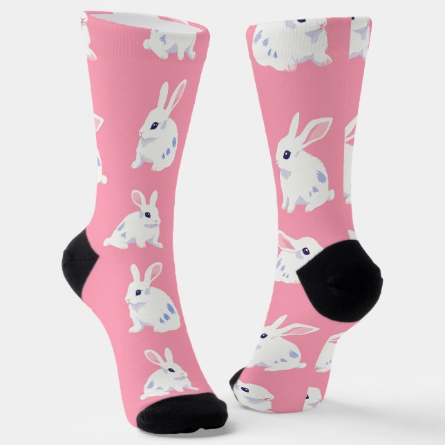 Adorable Realistic White Bunny, Pink Pattern  Socks (Angled)