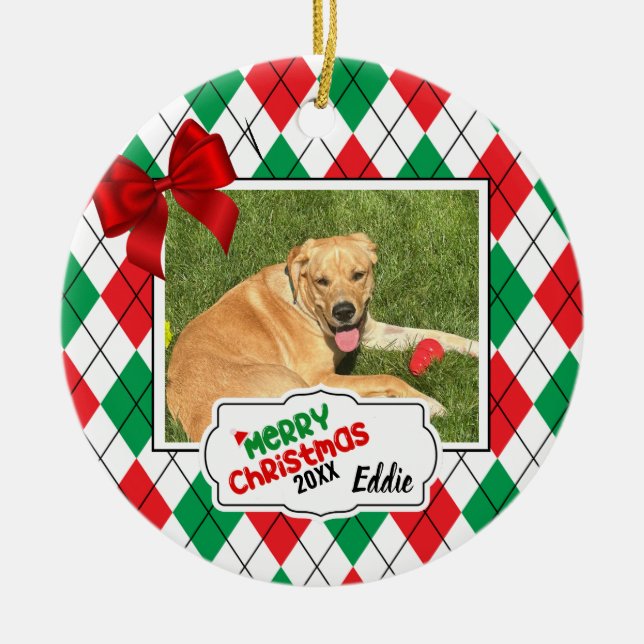 Adorable red and green argyle pet ornament.  ceramic ornament (Front)