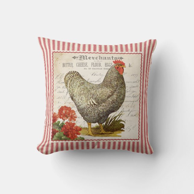 Adorable red black & white vintage rooster pillow (Front)