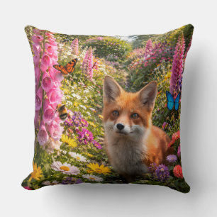 Adorable red fox and enchanted wildflower garden t throw pillow