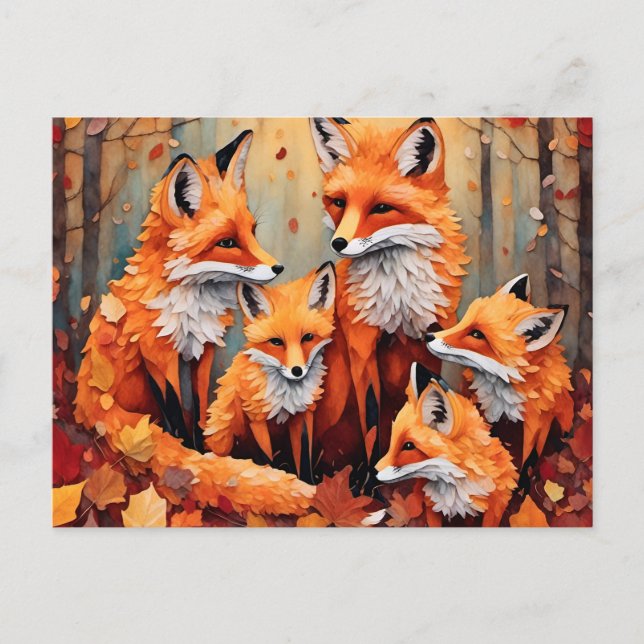 Adorable Red Fox Family in Autumn Postcard (Front)