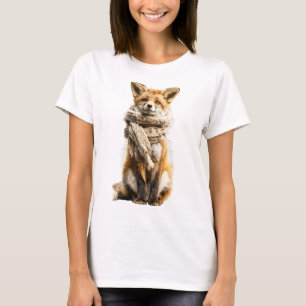 Adorable Red Fox Wearing a Knitted Scarf T-Shirt