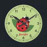 Adorable Red Ladybug Insect With Custom Name Round Clock<br><div class="desc">This clock has Destei's cartoon illustration of a cute red ladybug that has black spots on it. The background colour is light green and there is a personalizable text area for a name. The clock face is made of black numbers.</div>