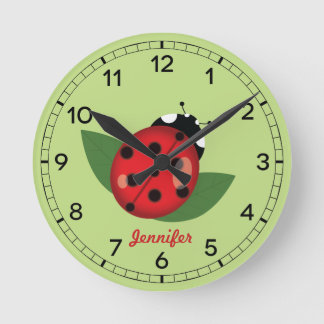 Adorable Red Ladybug Insect With Custom Name Round Clock
