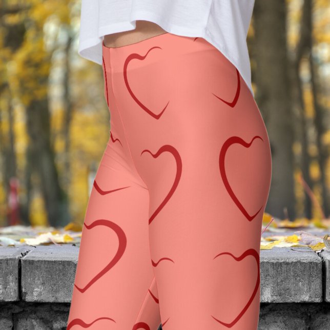 Adorable Red Love Hearts Pattern Leggings (Love Hearts on Salmon Pattern Leggings)