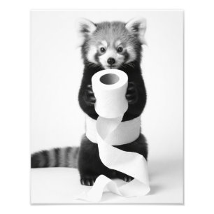Adorable Red Panda Holding Toilet Paper Minimalist Photo Print