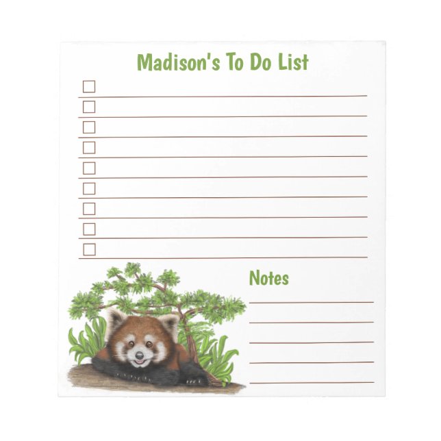 Adorable Red Panda Kids Personalized To Do List Notepad (Front)