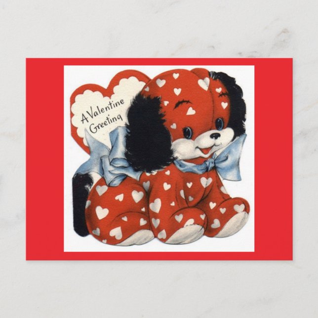 Adorable Red Puppy Vintage Valentine Postcard (Front)
