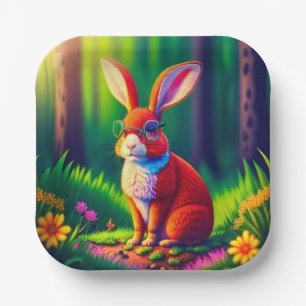 Adorable Red Rabbit Sitting on Grass Paper Plate