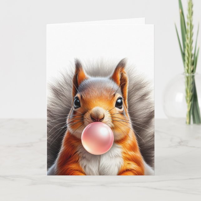 Adorable Red Squirrel Blowing Bubble Gum Blank Card (Front)